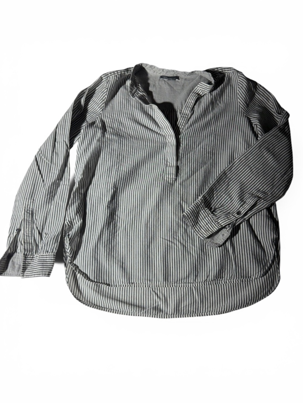 Vince Striped Popover Blouse Size 8 Gray White Cotton Tencel Long Sleeve